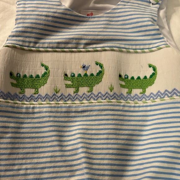 Shrimp & Grits Kids Striped Blue and Green Alligator Kids One Piece - Picture 2 of 5